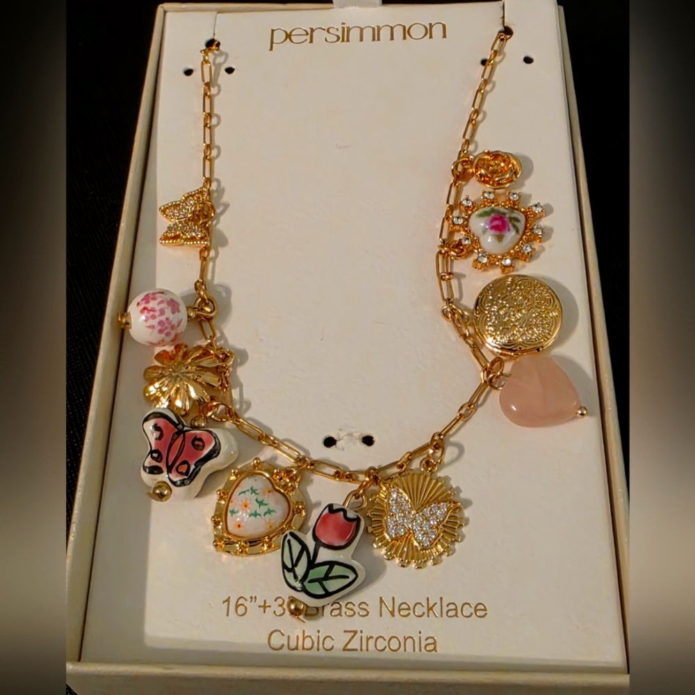 Gold Charm Necklace with Cubic Zirconia